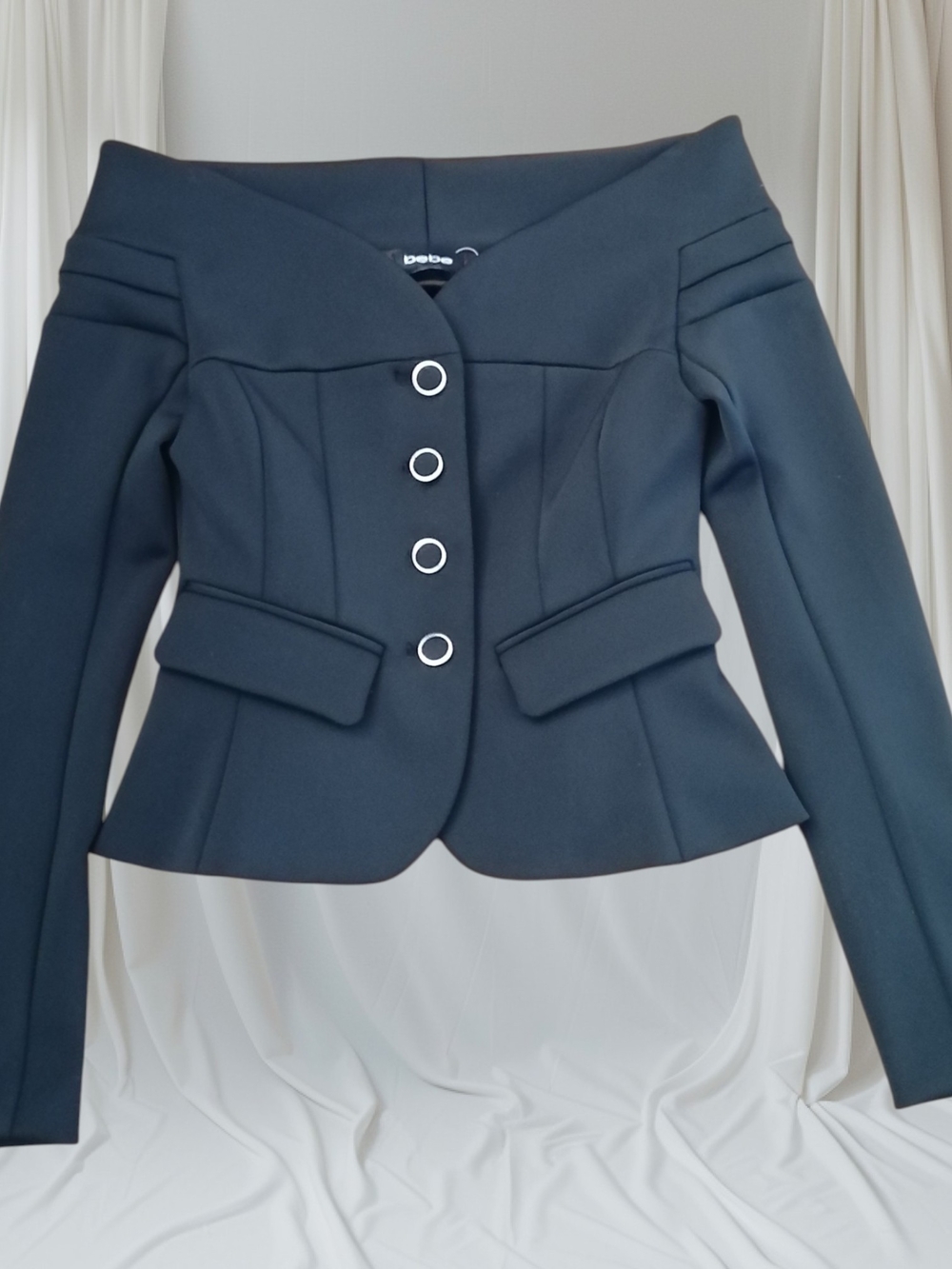 New BEBE Off-Shoulder Peplum Blazer with Silver Ring Buttons